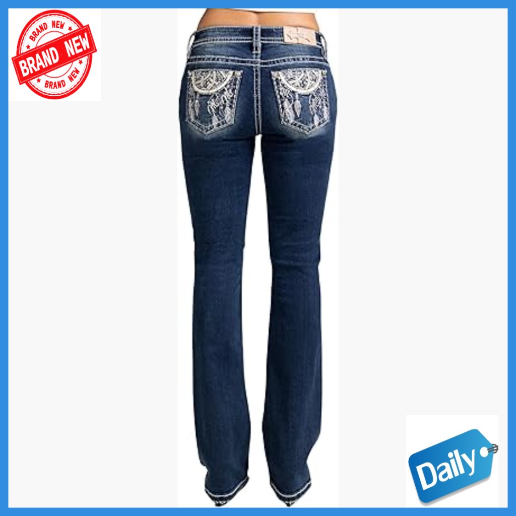 Mid-Rise Bootcut Jeans With Embroidered Dreamcatcher Pockets, Stretch Denim